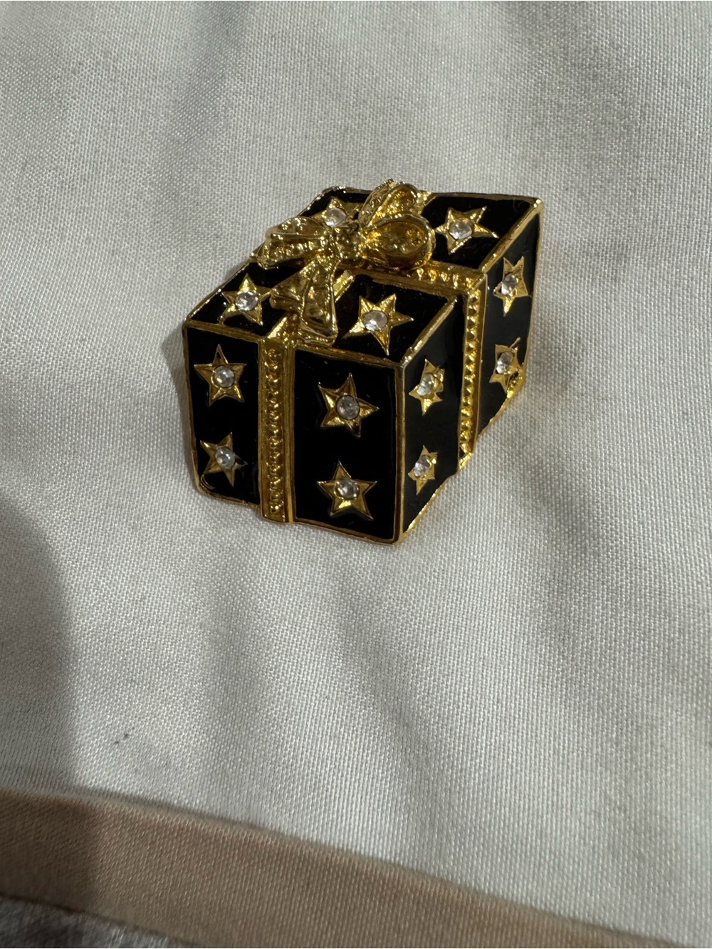Gold-Tone Black Enamel Star Gift Box Brooch